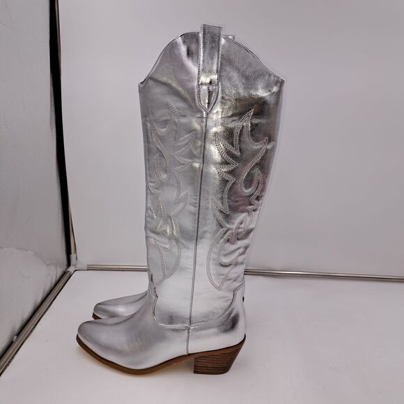 Oeupiano Knee High Cowboy Rodeo Party Silver Boots Size 6 - Picture 3 of 5